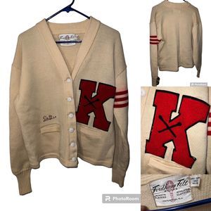 Vintage Paterson NJ Wool Knit Varsity Letter Cardigan Sweater Ivory